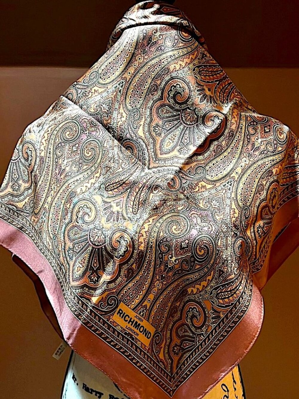 Excellent Vintage John Richmond London 34-Inch Silk Scarf / Hand-Rolled Edges